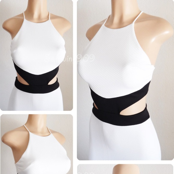 White Black High Neck Cutout Midi Bodycon Dress - Picture 3 of 8